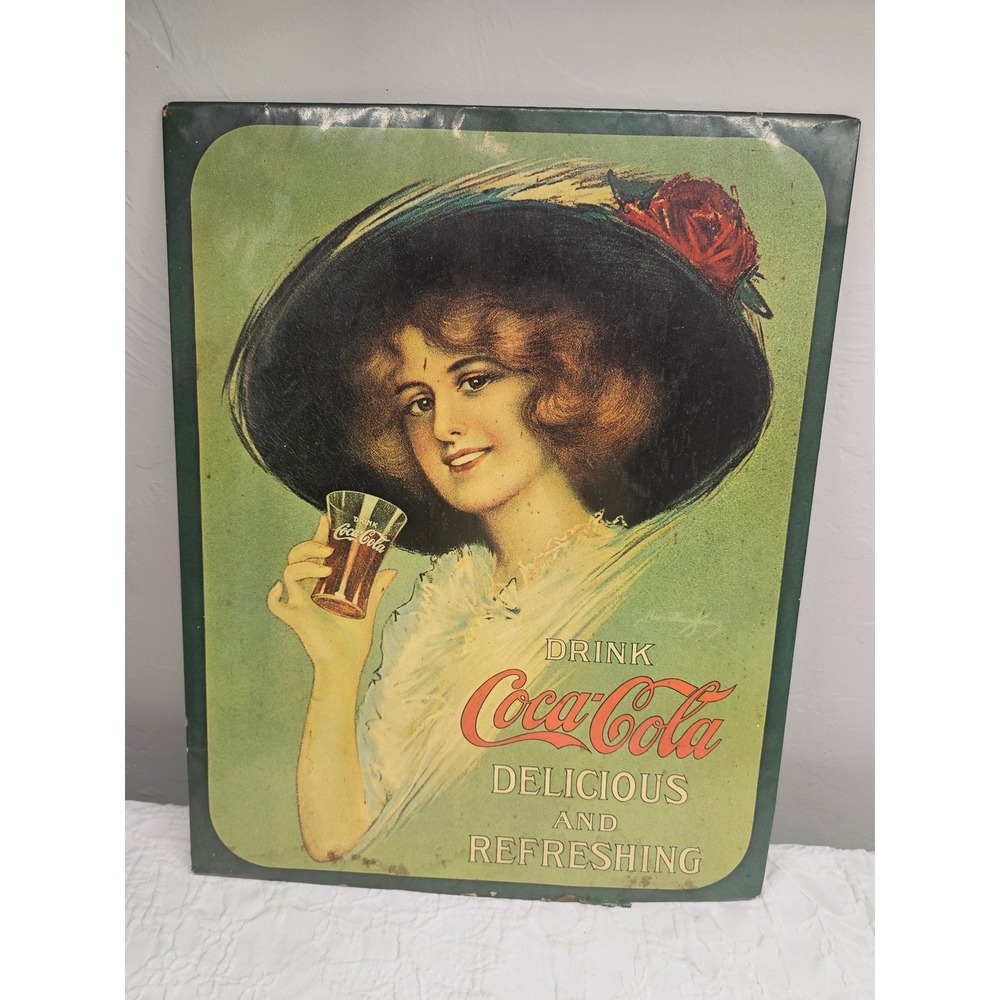 Rare Vintage original antique Coca Cola Sign Hamilton King Girl Metal Cardboard